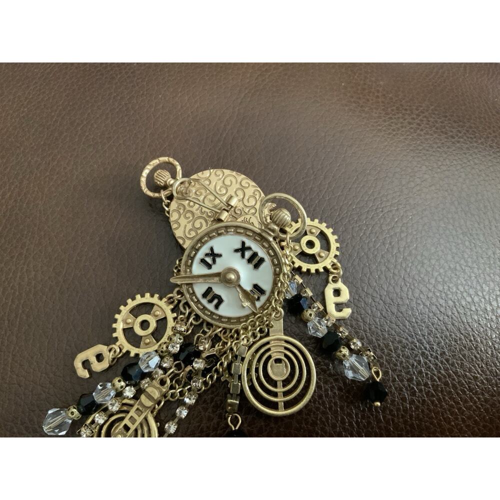 Museum Retro Clock Earrings Gold Chain CZ Steampunk Statement Art Boho Gear VTG - Picture 6 of 9